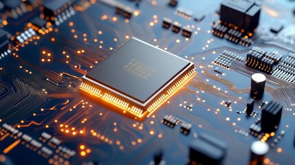 circuit board, components, functional Close-up of a microprocessor on a circuit board with glowing elements and intricate patterns.