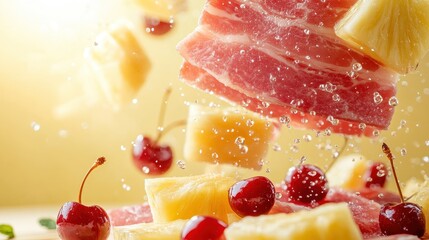 This striking image showcases floating slices of ham and pineapple amidst sparkling water droplets, capturing a moment of freshness and excitement that invites engagement.