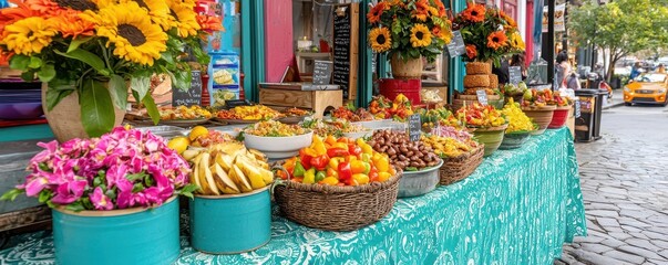 Fototapeta premium Latin american festival food. Colorful artisan food market celebrating Latin American street foods, decorated in a festive style