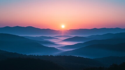 Serene dawn over misty mountains, a colorful sunrise painting the sky with delicate hues of pink and blue, a peaceful layered vista
