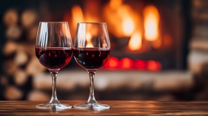 Two glasses of red wine on a wooden table with natural light from a nearby window