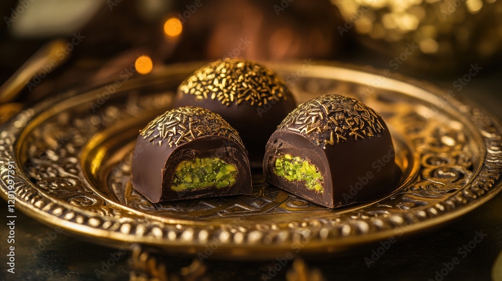Aufkleber luxurious chocolate confections with pistachio filling arranged elegantly on an ornate plate surroun