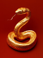 Fototapeta premium Golden snake posing on red background symbolizing wealth and prosperity