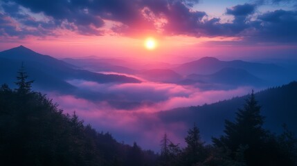Fototapeta premium Majestic mountain sunrise with a misty valley in vibrant hues of pink and blue creating a breathtaking scene