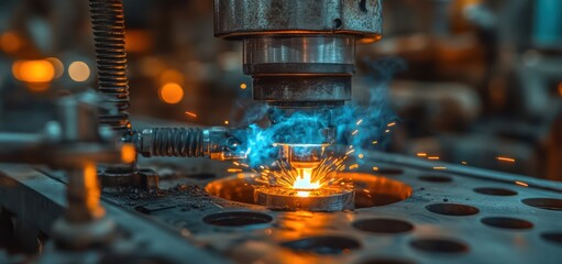 A welding machine in action, with orange and blue flames lighting the metal surface, sparks flying, and detailed machine components visible in an industrial setting