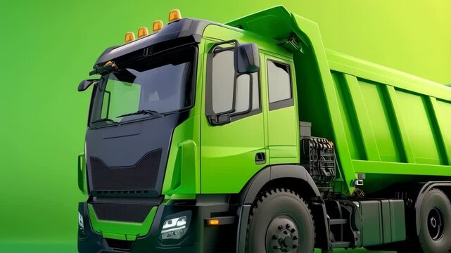green modern garbage truck on green background