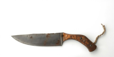 A well-worn machete with traces of rust and dirt, isolated on a white background, dirty, isolated