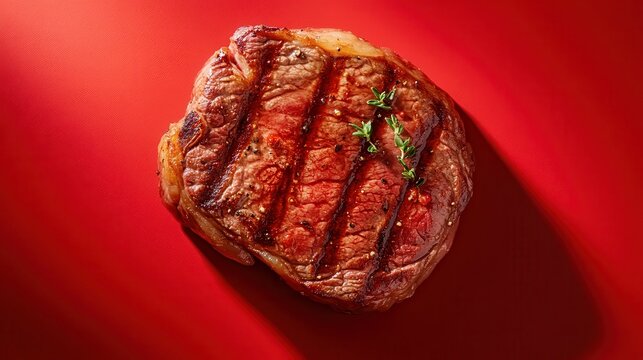 A mouthwatering grilled steak beautifully presented on a vivid red background, showcasing its juicy texture and grill marks, perfect for food enthusiasts and chefs alike.