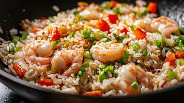 Image of rice and shrimp fried rice with bell peppers and green onions in a wok, emphasizing savory and colorful aspects. Ideal for Asian cuisine and quick meals.