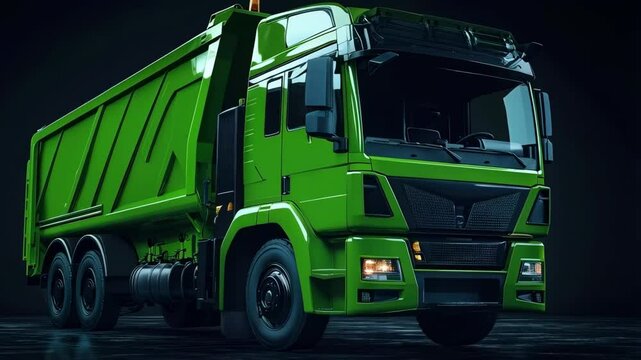 green modern garbage truck on black background
