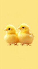 Naklejka premium Two fluffy yellow chicks on a yellow background