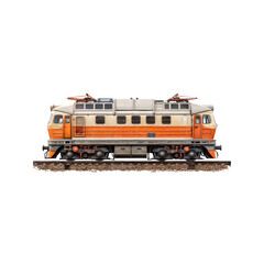 Obraz premium Vintage Electric Locomotive: A classic orange and beige electric locomotive stands majestically on its tracks, showcasing its retro design and powerful presence.