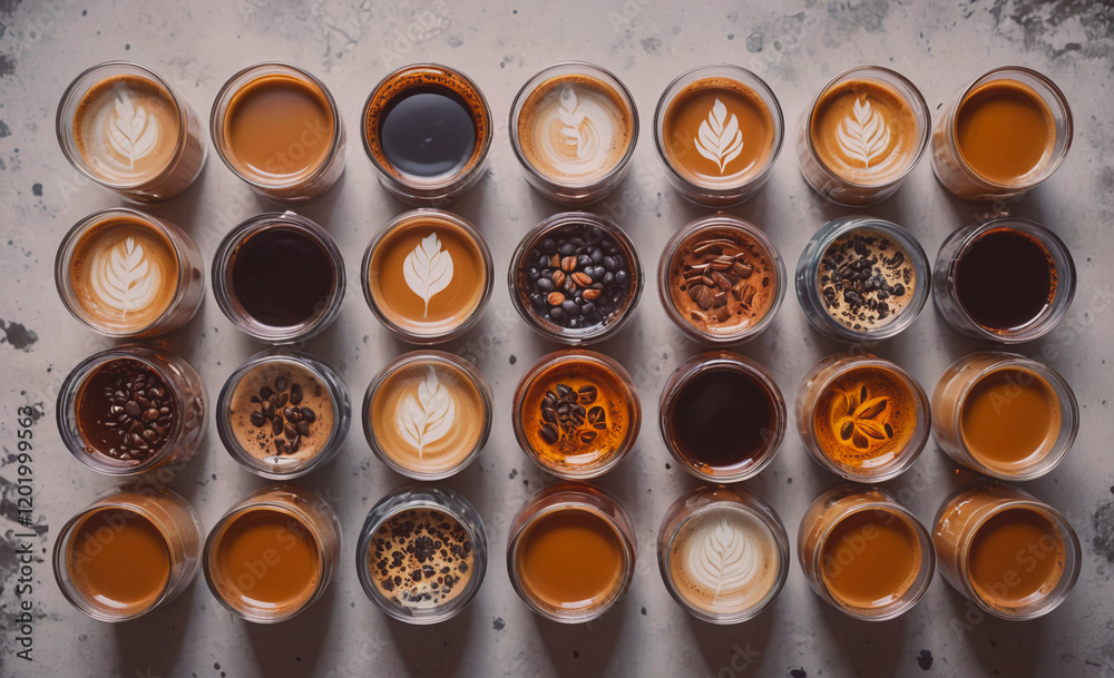 Poster A row of coffee cups with different flavors and designs. The cups are arranged in a neat row, with some cups having leaves on them. Concept of variety and creativity in the coffee flavors