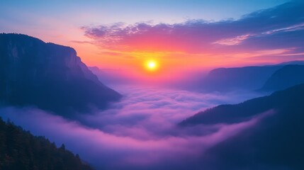 Obraz premium Majestic sunrise illuminates the valley of clouds with vibrant hues of pink and purple over the mountain range