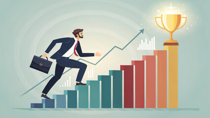 businessman climbing staircase of success with determination, holding briefcase, aiming for golden trophy at top, symbolizing growth, achievement, and ambition