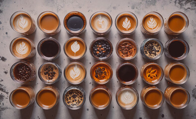 A row of coffee cups with different flavors and designs. The cups are arranged in a neat row, with some cups having leaves on them. Concept of variety and creativity in the coffee flavors