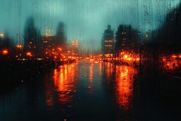 Fototapeta premium abstract cityscape through rain-covered glass, bokeh lights creating impressionistic patterns, moody evening atmosphere