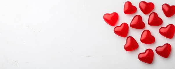 A collection of red heart shapes arranged artistically on a white background, symbolizing love and affection.