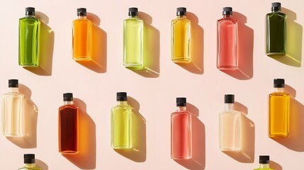 An array of bottled products placed symmetrically on a light pink background with subtle shadows