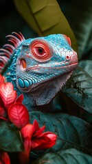 Obraz premium Vibrant blue iguana amidst lush red flowers