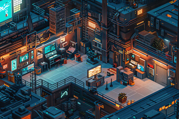Portray a top-secret mission unfolding in a pixel art landscape from a birds-eye view, combining elements of cyberpunk aesthetics with a nod to traditional espionage themes