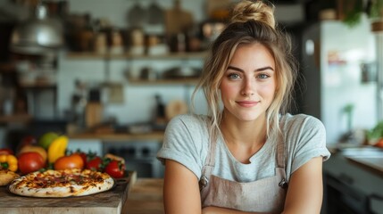A young aspiring chef proudly presents a delicious homemade pizza, surrounded by fresh vegetables and herbs, encapsulating the essence of culinary passion and creativity.