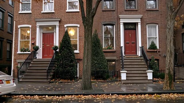 Two elegant brownstone residences in Brooklyn showcase festive decorations as autumn leaves fall along the quiet street