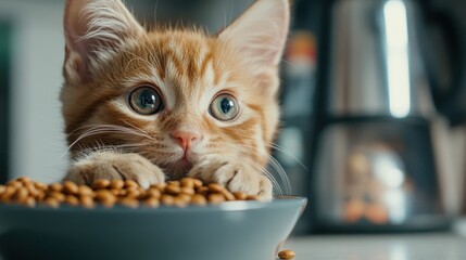 An adorable orange kitten gazes intently at its bowl of food, its big blue eyes reflecting innocence and hunger, capturing the playful and curious spirit of young pets.