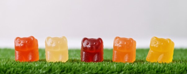 Colorful gummy bears lined up on green grass, showcasing a variety of fruity flavors and vibrant hues.