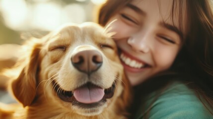 The girl and her dog share a moment of joy, both smiling widely, exemplifying the strong bond and happiness found in their companionship on a sunny day.