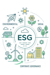 ESG concept illustration showcasing environmental, social, and corporate governance elements, including renewable energy, sustainable practices, and community well being