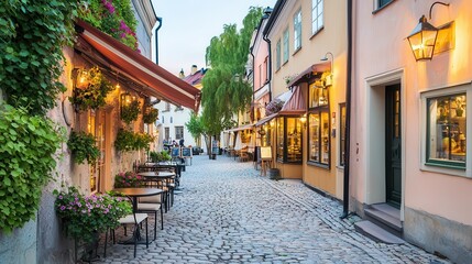 Fototapeta premium A cozy outdoor cafe in a small town square, with soft lighting and cobblestone streets