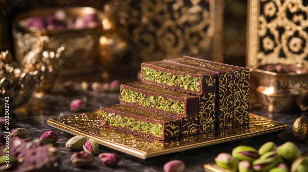 Poster indulgent chocolate bar layered with rich pistachio paste showcased on an ornate platter in an elega