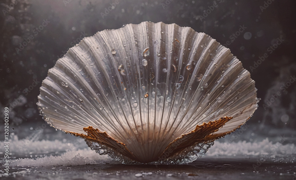 Poster a shell with a gold leaf on it is sitting on a table. the shell is covered in water droplets, giving