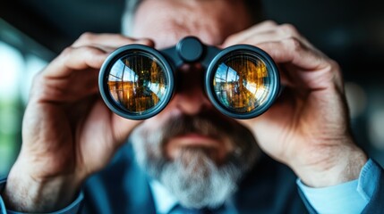 Fototapeta na wymiar A determined man in a suit uses binoculars to study his surroundings, highlighting themes of vigilance and focus in an urban business environment.