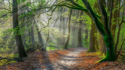 Obraz premium Spring Forest Path with Sunbeams Nature in Spring Forest Growth in Spring Woodland