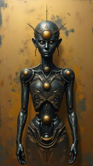 Futuristic android posing against gold background