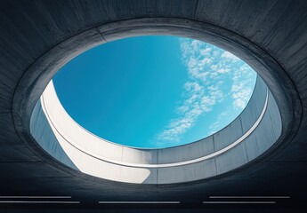 Fototapeta premium Modern Architectural Design Featuring Circular Sky View Opening Against Bright Blue Sky with Clouds from Inside Concrete Structure