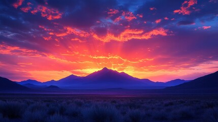 Dramatic mountain range under a vibrant sunset with intense red and orange hues and dark moody clouds