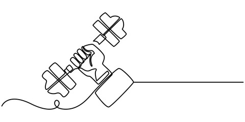 Hand holding dumbbell icon continuous one line drawing, Training Workout Line Icon, Outline Vector Symbol Illustration, Dumbbell Lifting Hand Icon  Fitness and Strength Concept, pro vector minimal.