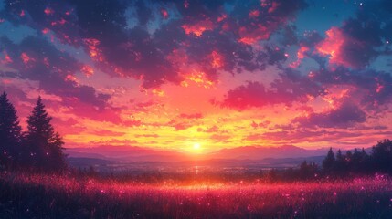 Obraz premium Vibrant Sunset Over Rolling Hills with Flowery Meadow and Dramatic Clouds Painting the Sky