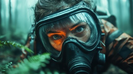 A woman wearing a gas mask explores a misty forest, highlighting her courage and resilience in a challenging environment while showcasing emotion and strength.