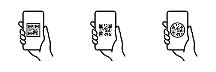 QR code scanning in smartphone. Hand holding mobile phone. Barcode scanner for pay, mobile app, web. Icon sheet vector illustration. Editable stroke EPS 10