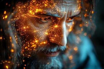 A futuristic depiction of Jesus Christ with cyberpunk elements, featuring a glowing divine aura, blending spirituality with technological innovation and modern aesthetics.