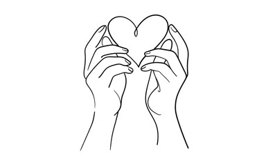 Hands with heart continuous line art drawing isolated on white background. Charity and help. Vector illustration