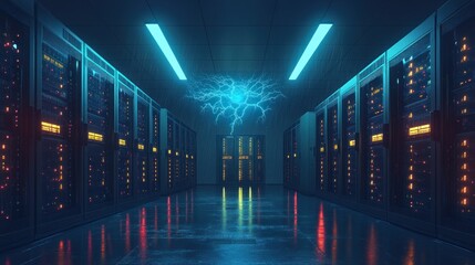 Futuristic server room with energy surge.