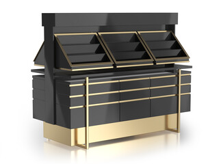 Black gold makeup gondola display. Cosmetic counter display. 3d illustration on white background © Wire_man