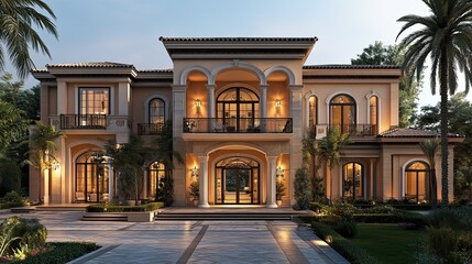 Naklejka premium Luxury Real Estate Rendering: A 3D render of a high-end luxury home, showcasing elegant interiors and spacious designs. Perfect for real estate or luxury branding campaigns. -