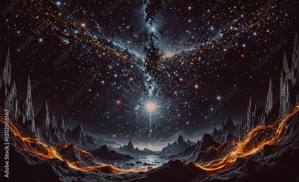 Poster a painting of a starry sky with a bright star in the center. the painting has a mood of wonder and a