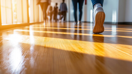 Low-angle view of a person walking on a sunlit wooden floor in a hallway with reflections and blurred figures in the background.